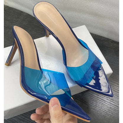 Novas Sandálias Femininas de Salto Alto de Verão Simples Transparentes de Salto Alto, Chinelos de Salto Agulha, Bico Fino, Aberto na Frente, Mules