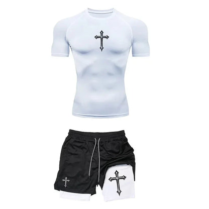 Jogging Breathable Compression Sportswear Summer Men's Training Two-piece Tight T-shirt Fitness Shorts Gym Workout Set RL0008