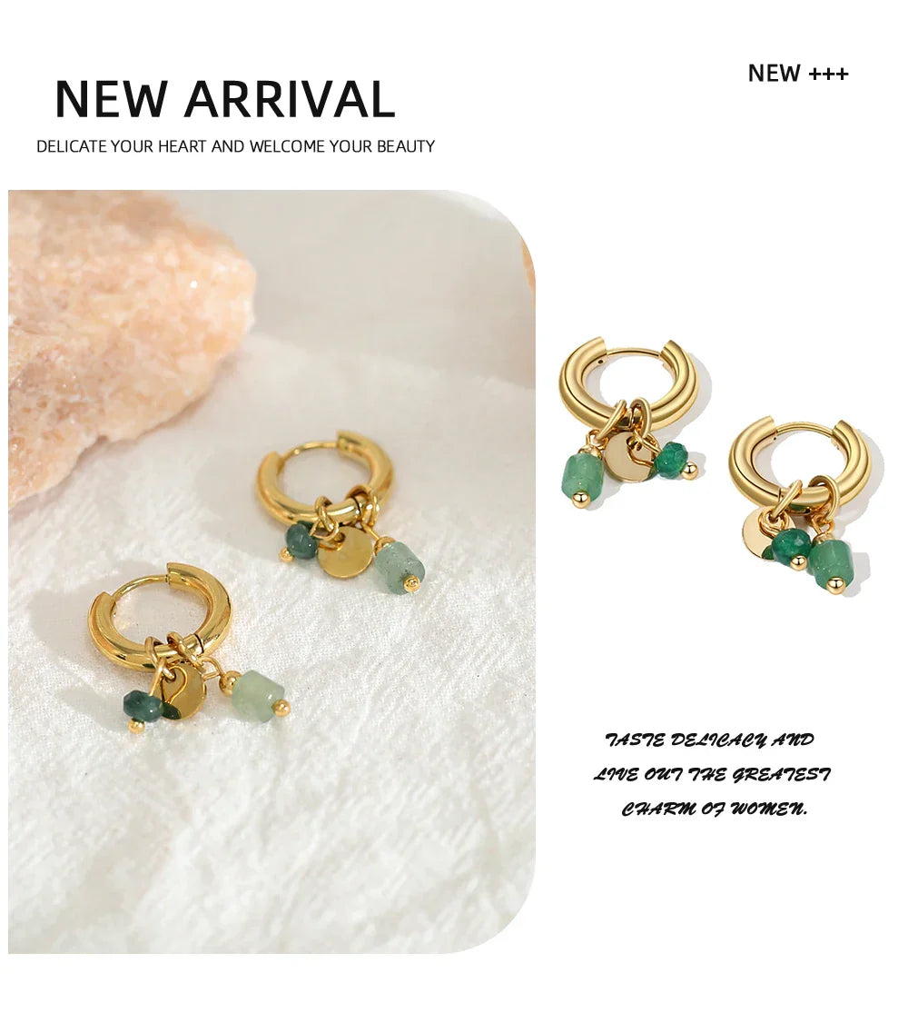 18K Gold Plated Stainless Steel Hoop Earrings for Women Vintage Green Natural Stone Charms Trendy Waterproof Jewelry