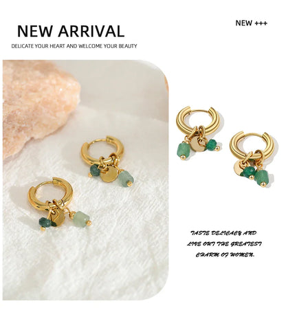 18K Gold Plated Stainless Steel Hoop Earrings for Women Vintage Green Natural Stone Charms Trendy Waterproof Jewelry