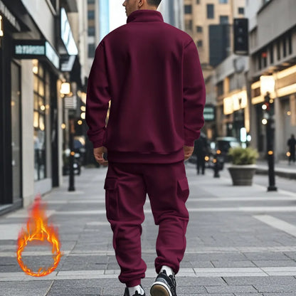 2024 autumn and winter men's casual velvet warm zipper sports trousers set