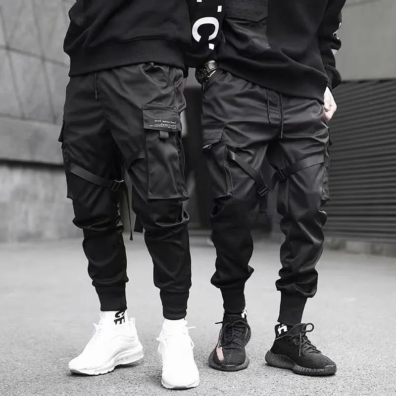 2025 Men's Multi Pocket Bandage Tactical Technical Clothing Work Pants Men's Harajuku Punk Hip Hop Running Pants Casual Street W