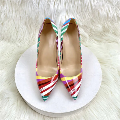 Colorful Striped High heels Fashion Cutting Pointed Shallow Party Shoes For Woman 8CM 10CM 12CM Women Pumps Large Size 44 45 46