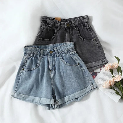 Summer High Waist Denim Shorts Women Casual Loose Ladies Fashion Plus Size Elastic Waist Wide Leg Short Jeans Female