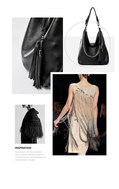 Fashion Tassel Women Shoulder Bag 100% Genuine Leather Daily Shopping Hobos Classic Large Red Tote Handbag Crossbody Bag