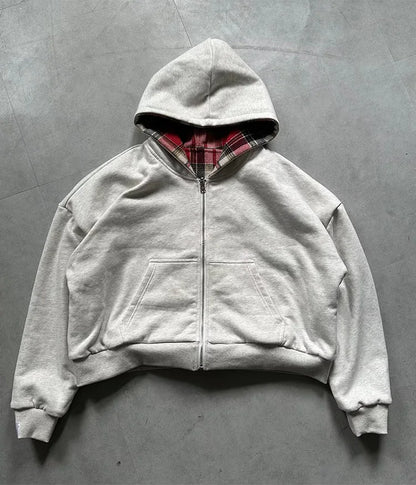Winter Casual Plaid Print Hoodie Women's Warm Zip-Up Double-Sided Wear Sweatshirt Female Fashion Trendy Loose Hooded 2025 New