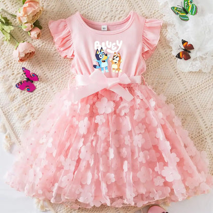 Vestido de Bebê Menina Bluey de Tule com Flores Vestido de Princesa para Casamento Tutu Sem Mangas Roupa de Festa para Fotos Presente de Aniversário