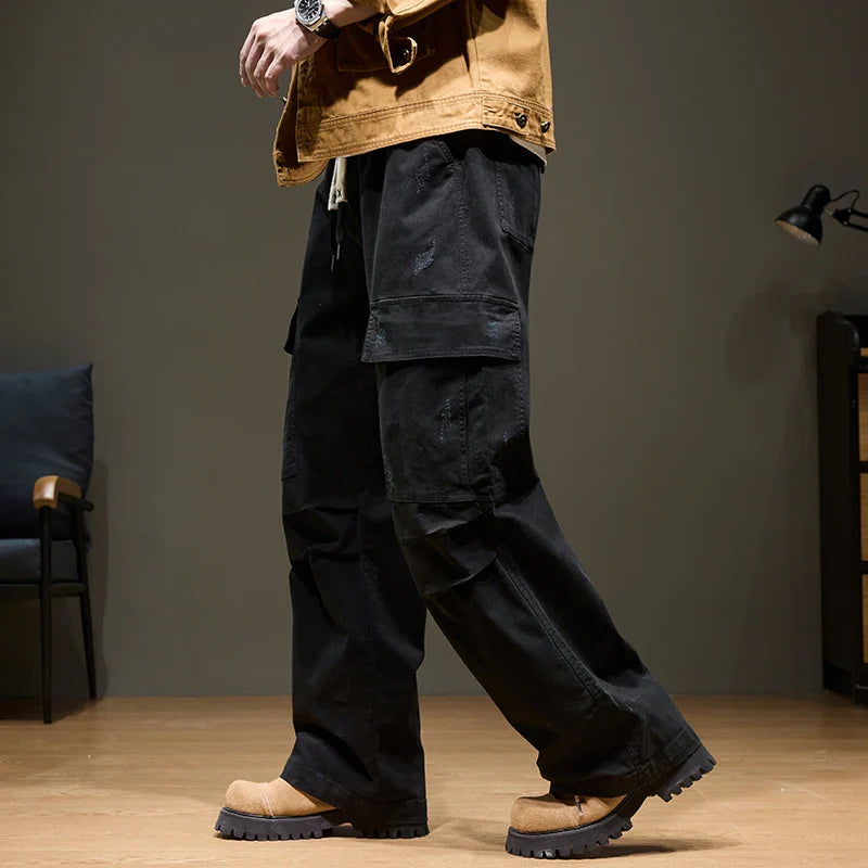 Men's Baggy Cargo Pants with Pockets 100% Cotton Drawstring Elastic Waist Wide Leg Outdoor Casual Pants Plus Size 8XL