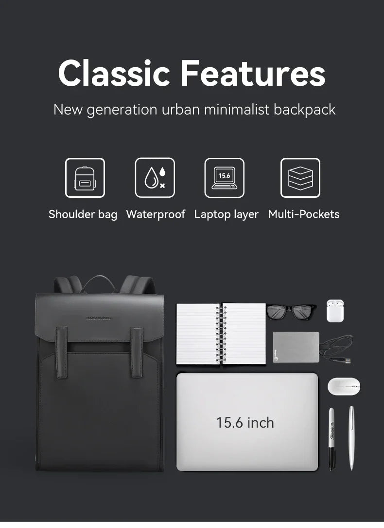 Mark Ryden Classic Business Work Black Leather Backpack 15.6 Inch Laptop Waterproof Bag School Bags Business bacbackpack for men