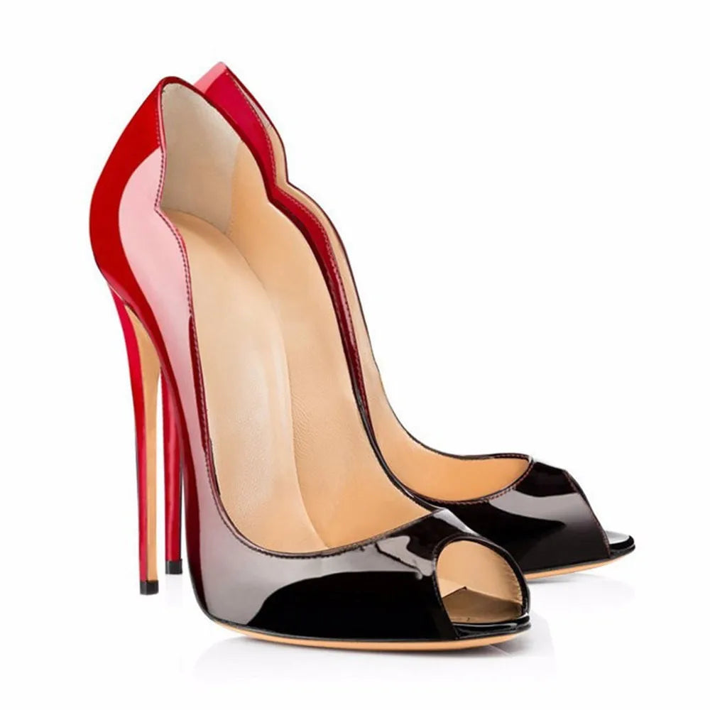 leopard print fish mouth patent leather high heels for women slim heels with pointed toes shallow mouth party shoes big size12cm
