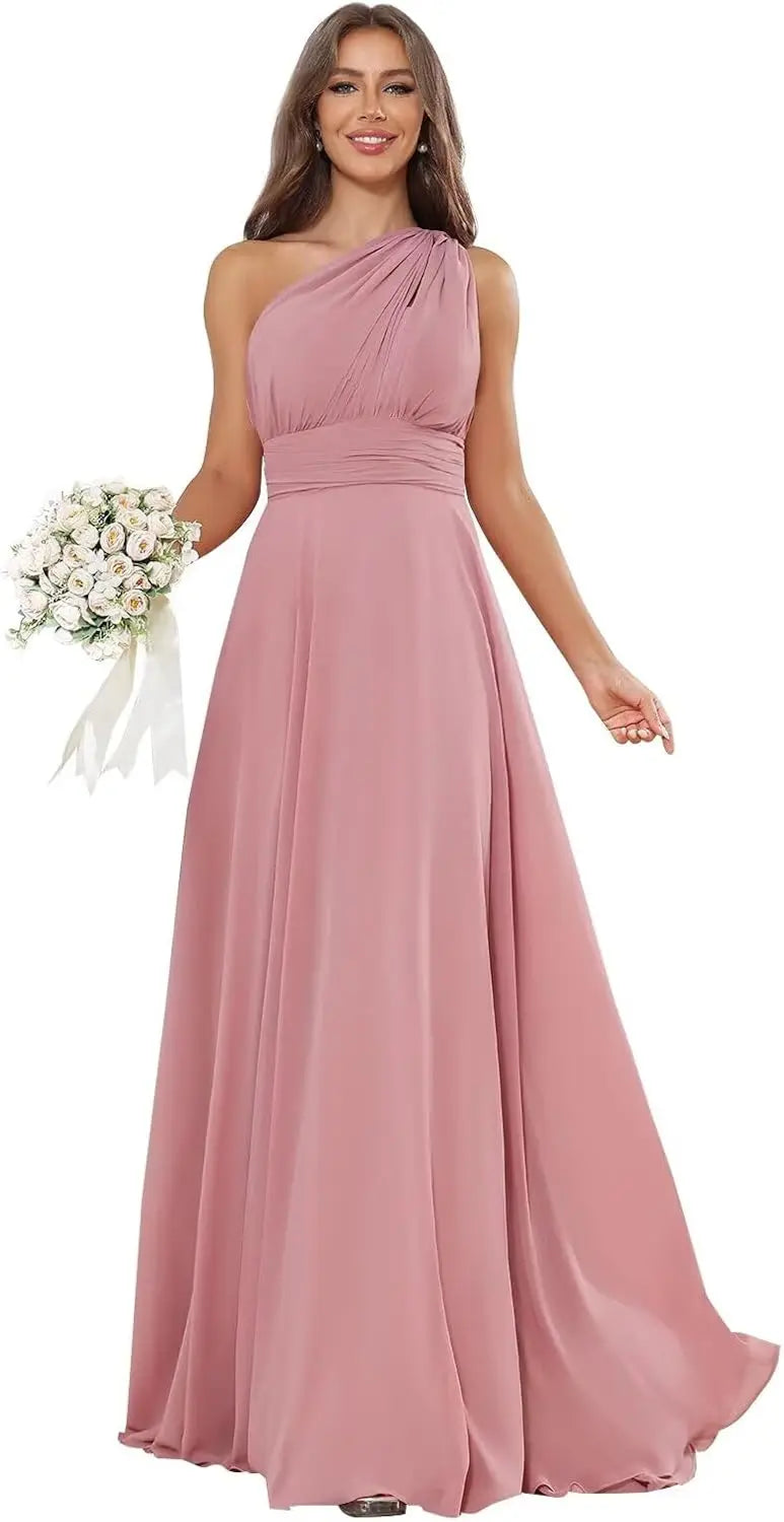 Vestidos de Daminha de Um Ombro para Mulheres Vestido de Noite Formal Longo de Chiffon Plissado Vestidos de Madrinha para Casamentos