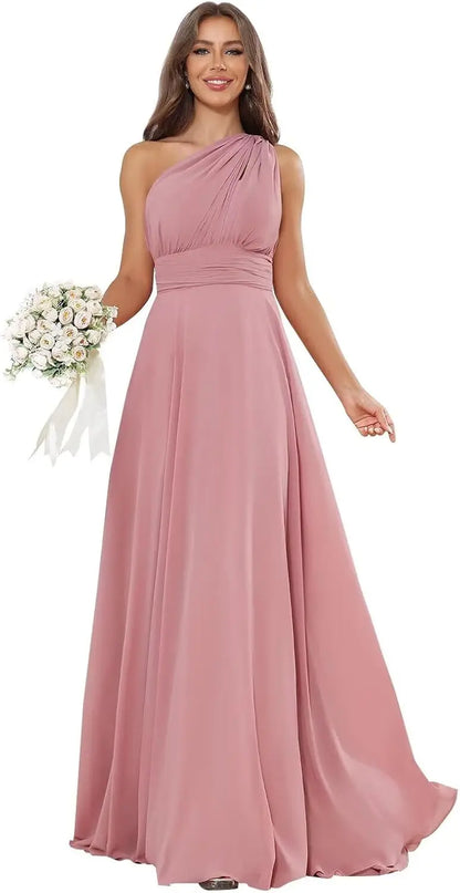 Vestidos de Daminha de Um Ombro para Mulheres Vestido de Noite Formal Longo de Chiffon Plissado Vestidos de Madrinha para Casamentos