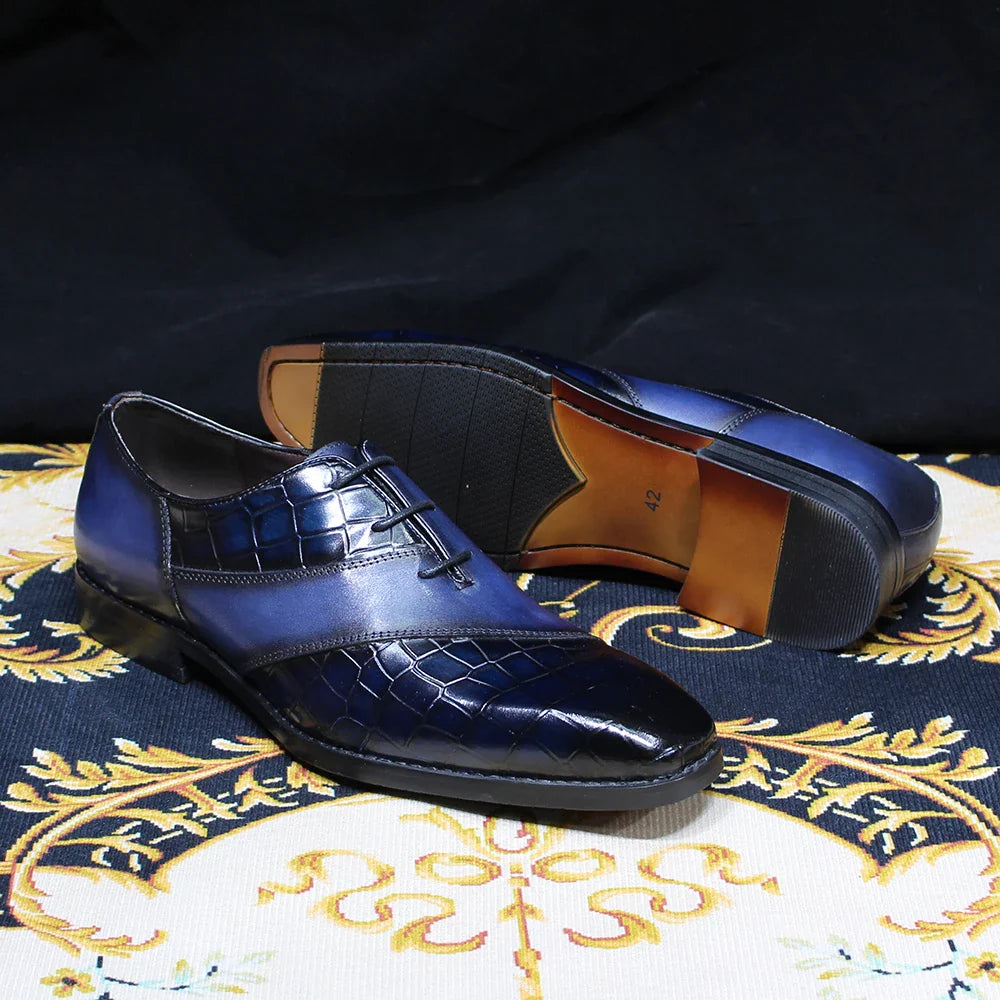 Luxury Men's Patent Leather Dress Shoes Alligator Pattern Oxford Brogue Lace-Up Formal Shoes for Office Wedding Party