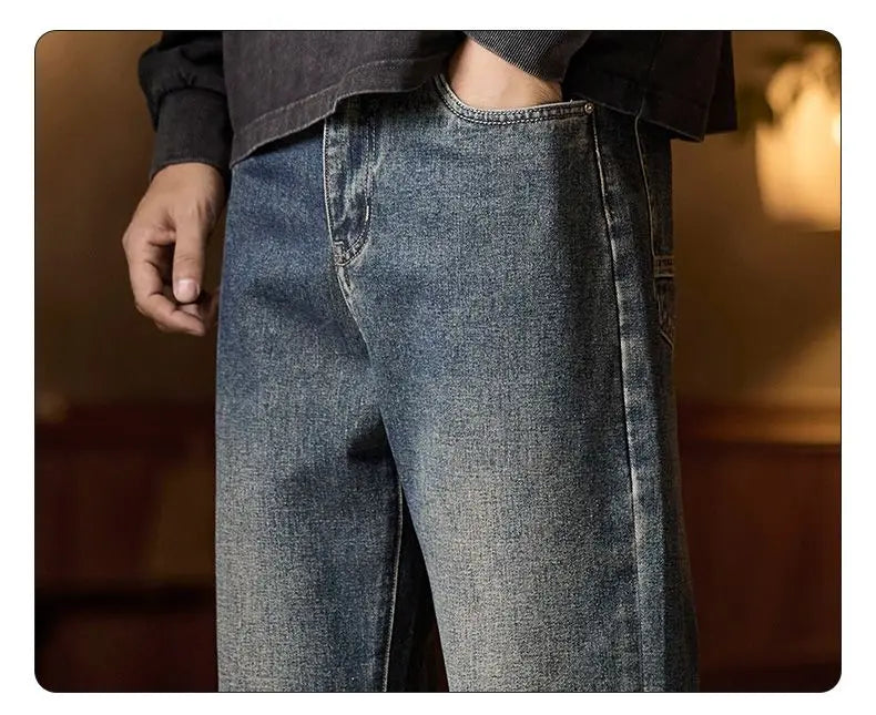 American Men's Y2K Retro Blue Denim Jeans Autumn Spring Relaxed Fit Korean Streetwear Casual Wide-leg Pants with Spliced Pockets