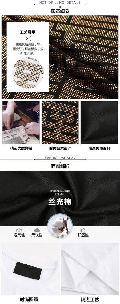 Casual Short Sleeve T Shirts Men Summer Clothes Chinese Characters Rhinestones Fashion Streetwear O Neck Cool Cotton T-shirts