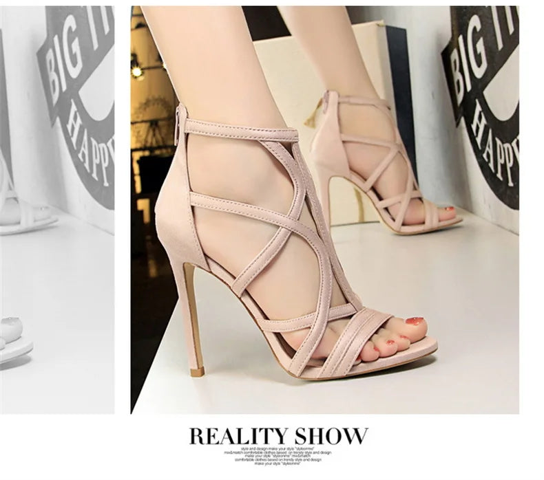 Women Roman Style Thin High Heels Pumps Pointed Toe Suede Hollow Strap Party Shoes Solid Ankle Zip Summer Sandals