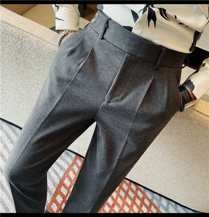 Men's Slim Fit Naples Business Casual Trousers Made of Autumn and Winter Wool, Thickened for Warmth, Classic Ankle-length Pants.