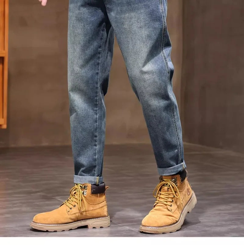 Calça Jeans Masculina Primavera Vintage Elástica Casual Longa Calça Reta Slim Algodão Poliéster Lavada para Adolescentes