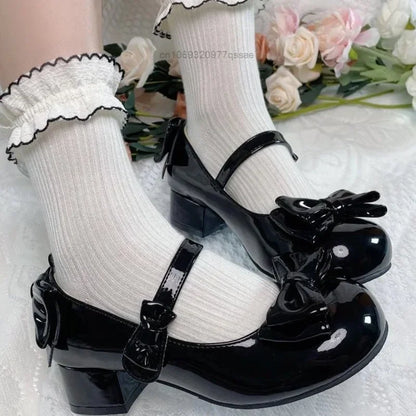 2024 Style Cute Round Head  Jane Pumps With Bow Women's Sweet Party Dress Midi Heels Shoes Fashion PU Sandals