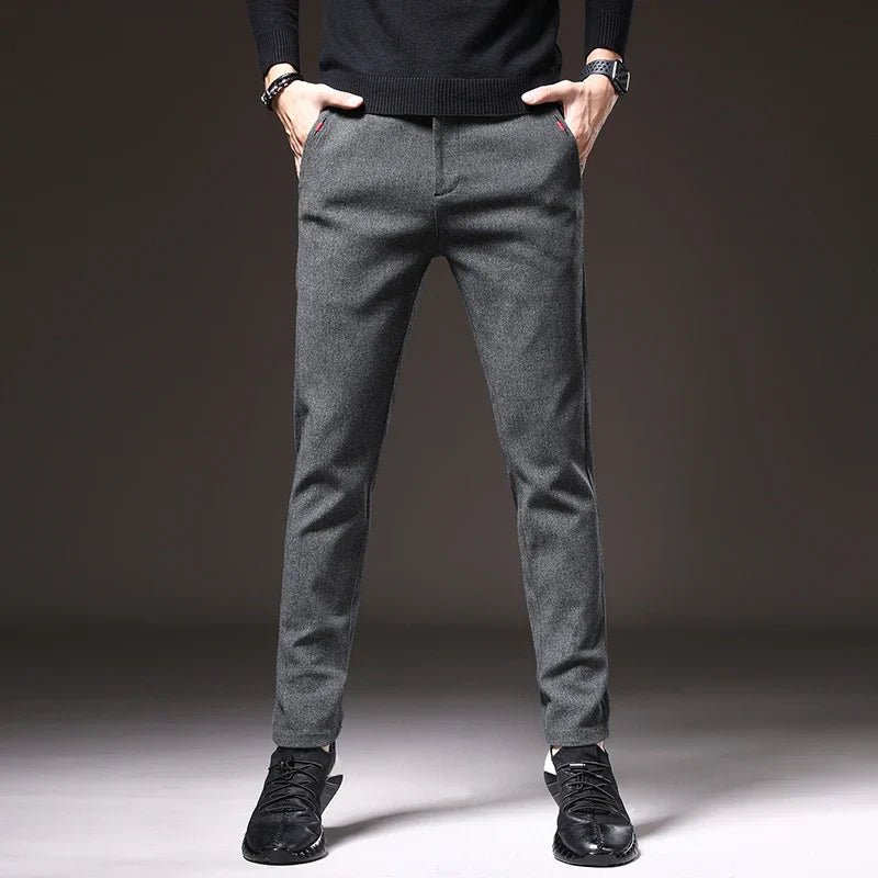 Autumn Winter Thick Men's Casual Pants Brushed Fabric Straight Slim Business Fashion Trousers Stretch Korean Male Clothing