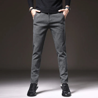 Autumn Winter Thick Men's Casual Pants Brushed Fabric Straight Slim Business Fashion Trousers Stretch Korean Male Clothing