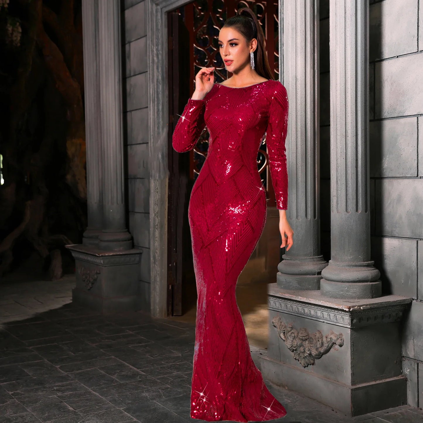 O Neck Elegant Modest Full Sleeved Sequined Evening Dresses for Women Prom Formal Gown