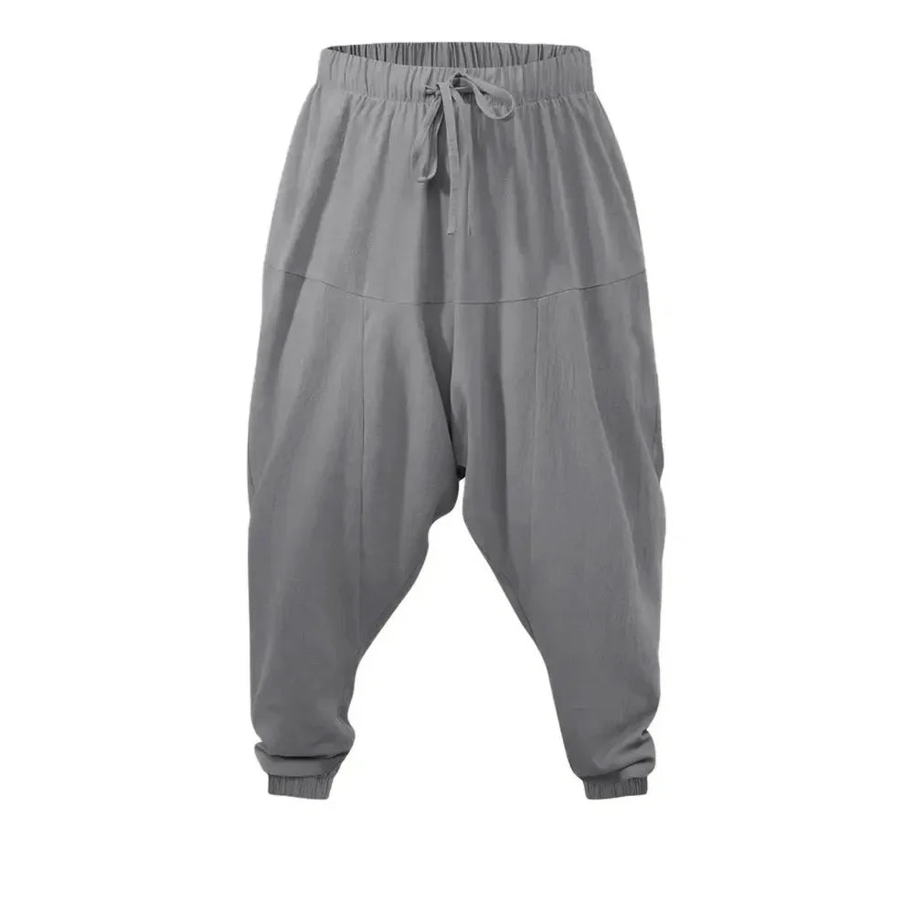 Harem Pants for Men Cotton Linen Drop Crotch Cozy Streetwear Loose Fit Breathable Lightweight Long Pants Male Joggers