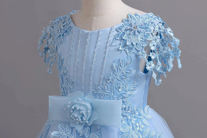 Lace up Tulle Flower Girl Dress Chest with flowers First Communion Ball Gown Wedding Party Bridesmaid Dress Kids 12Y