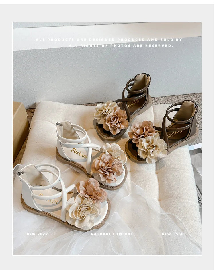 2025 Girls Sandals Summer New Flower Pearls Little Girl Princess Shoes Soft Bottom Non-slip Girl Kids Roman Sandals Shoes I03191