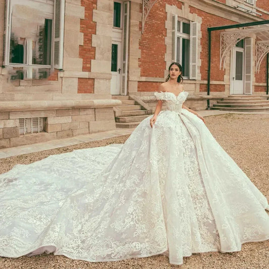 Customized Off Shoulder Wedding Dresses women Sweetheart Appliques Royal Train Princess Bride Gowns Vestido de Noiva