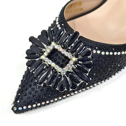 Elegant Nigerian Women’s Italian Design Black Heels and Handbag Set With Rhinestone Accents for Wedding and Party