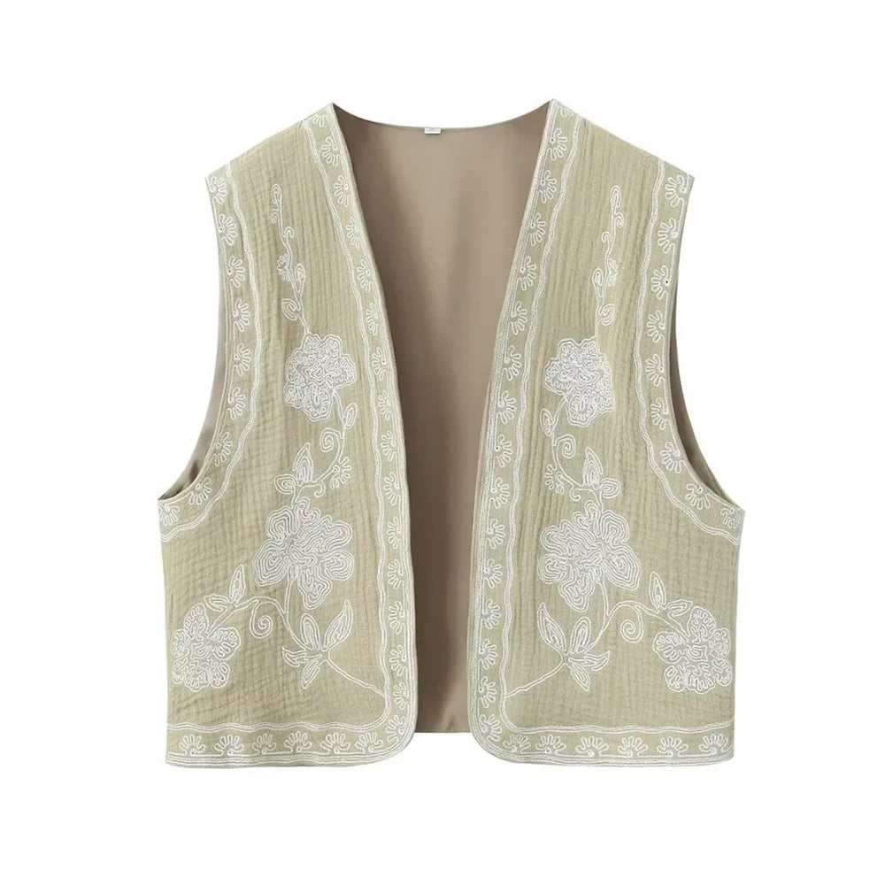 European and American Style 2024 Spring and Summer Women's New Fashionable and Versatile Round Neck Sleeveless Embroidered Vest