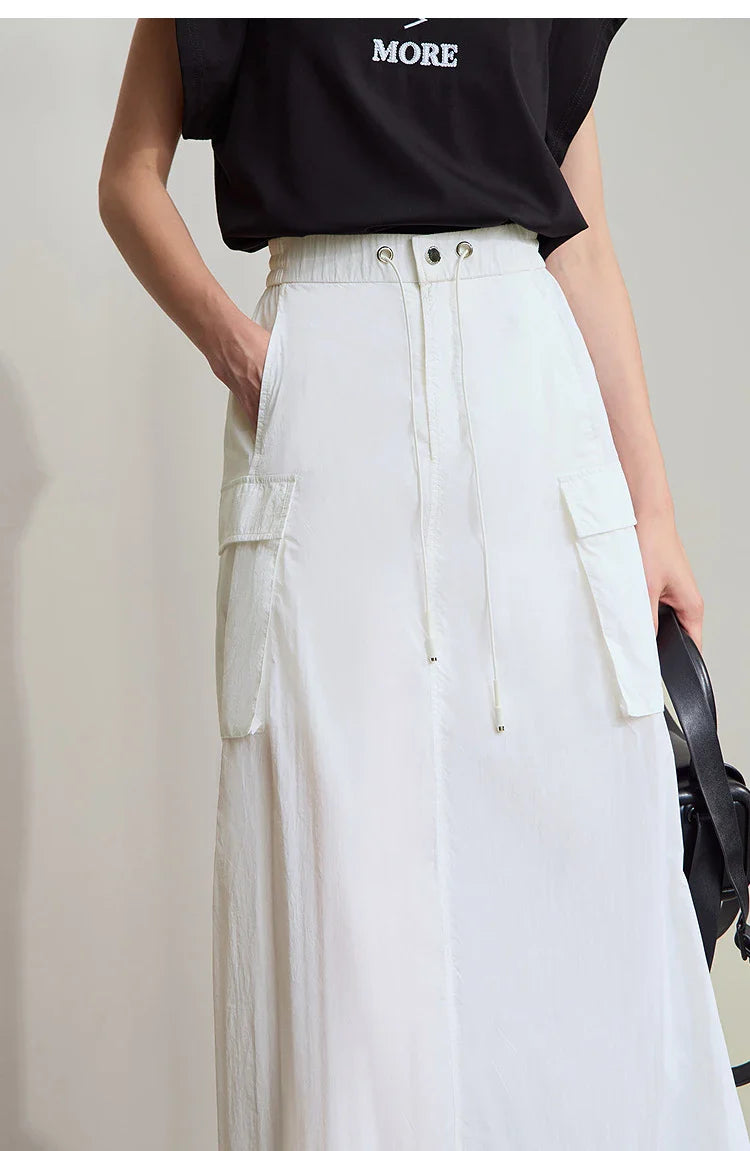 Vacation Long Skirt 2025 Summer Women Loose Sun Protection Office Lady Solid Pockets Elastic Waist Cord Slit Skirt 12542106