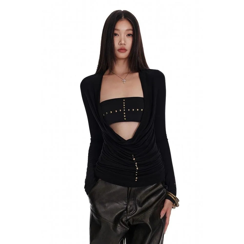 Y2k Japanese T Shirt Women Black Rivet Punk Tops Swing Collar Streetwear Two Pieces Tops American Retro 90s Tshirts