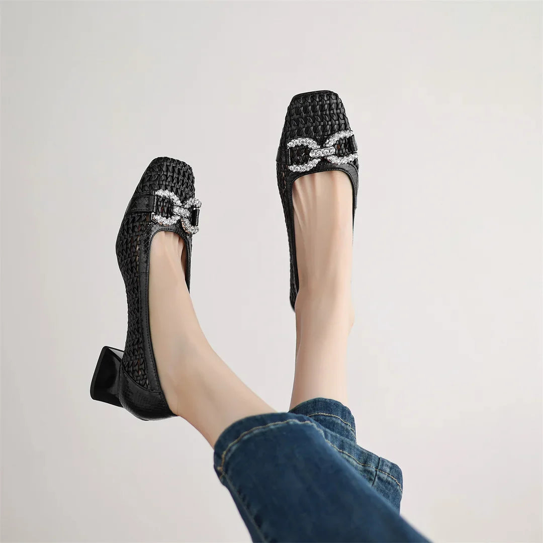 Women's genuine leather braided microfiber patchwork summer breathable pumps crystal buckle 4cm thick med heel daily dress shoes