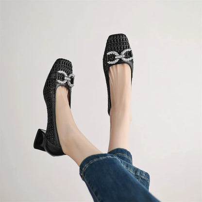 Women's genuine leather braided microfiber patchwork summer breathable pumps crystal buckle 4cm thick med heel daily dress shoes