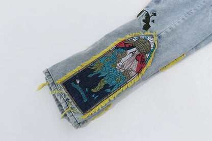 Chinese Painting Embroidered Patch Denim Ripped Jeans for Men Streetwear Pleated Tassels Distressed Destroyed Jean Straight Male