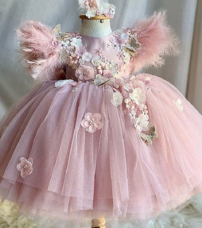 Vestido de princesa infantil borboleta com asas de malha fofa para meninas de 2 a 6 anos, vestido elegante para festa de aniversário com flores