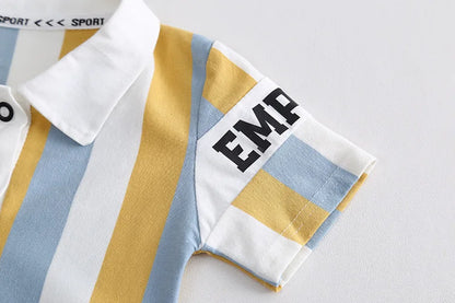 ‌New 2025 Boys Cotton Striped Shorts Set 2-Piece Summer Outfit Fashion Short Sleeve Casual Playwear Stylish Kids Clothing‌