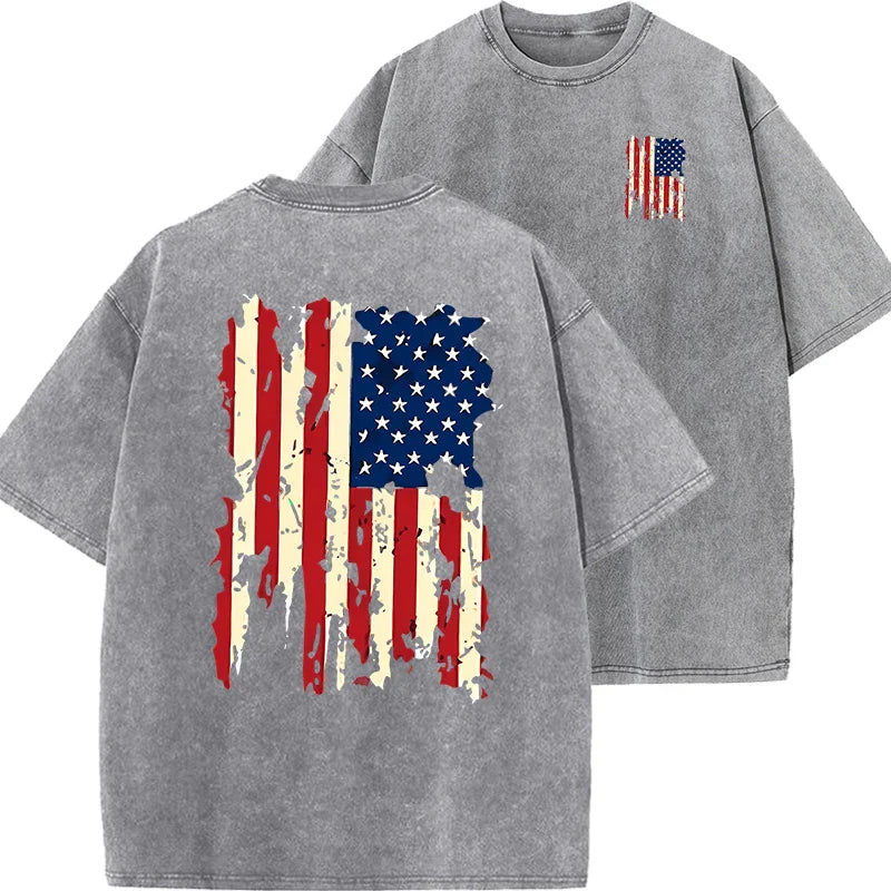 Set American Flag Graphic Prints Men Tshirt Summer Vintage Washed Cotton Tees Loose Short Tee Clothing Medium Strecth Tops