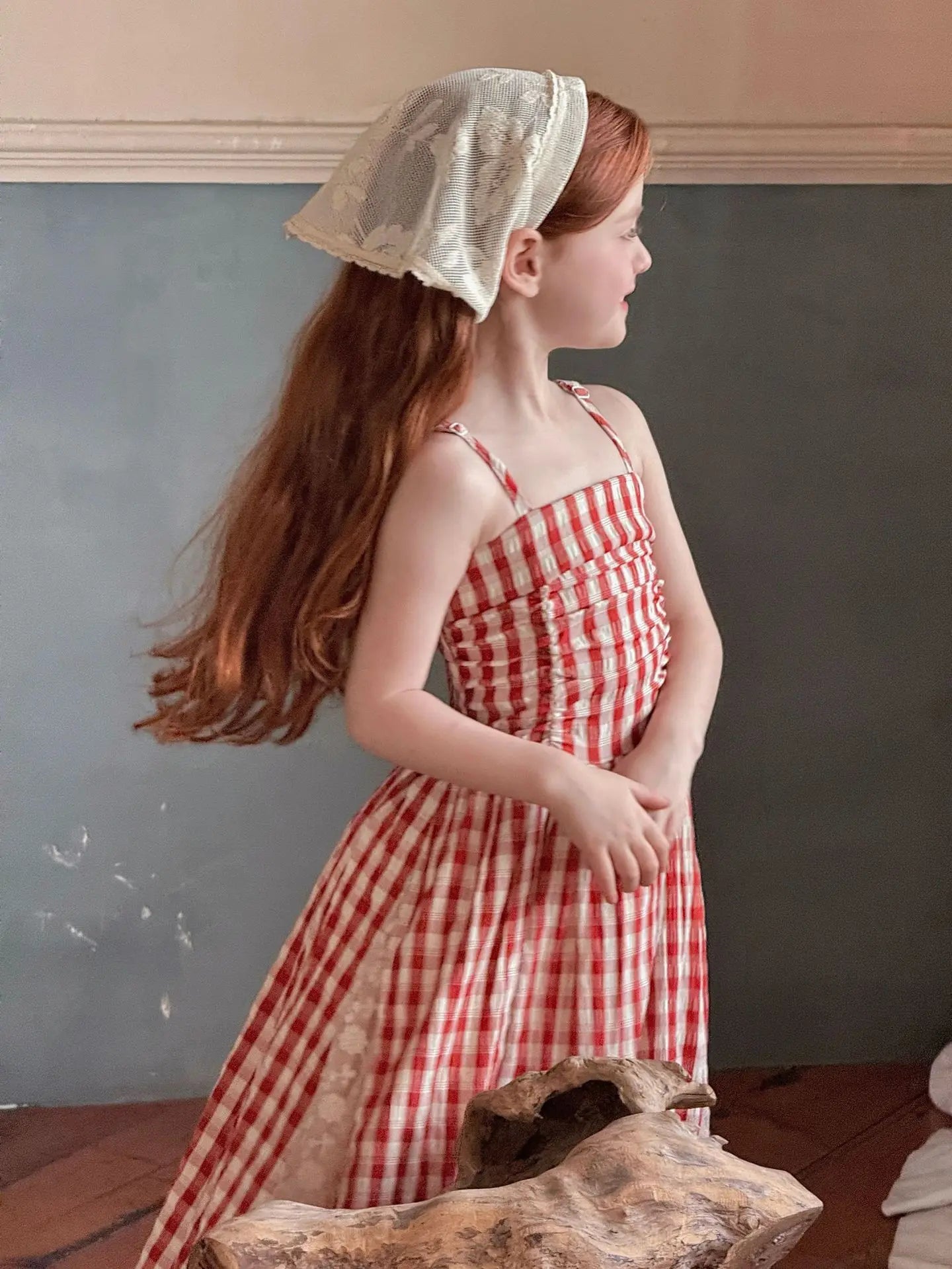 2025 Summer New Children Fairy Long Dress for Girls French Red Checkered Lace Splicing Lace Strap Dress