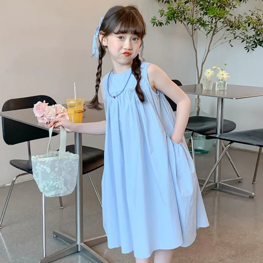 Summer Junior Girl Sleeveless Dress Solid Side Big Pockets Blue Ruched Dress For 2-10Y Girls Casual Round Collar Baby Girl Dress