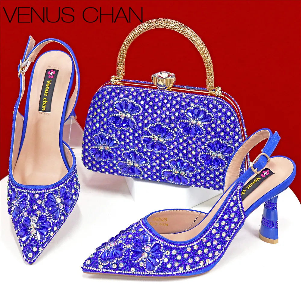 Nigerian Heel Party for Women Pink Color Shoes and Bag Set Rhinestone Handbag Italian Design Wedding INS 2025