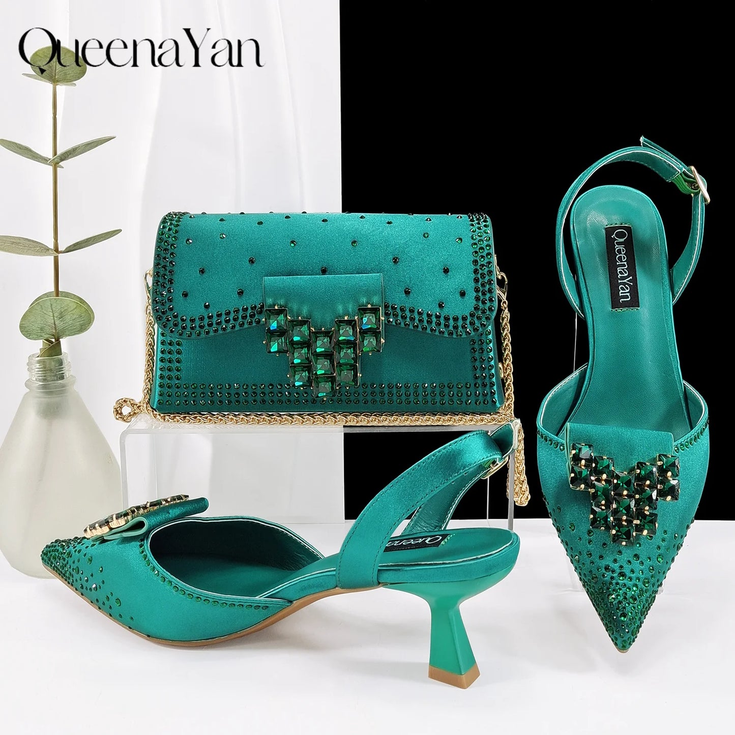 Elegant Mature Style Brown Party Wedding Pointed Toe High Heel and Bag Set With Embroider and Rhinestone