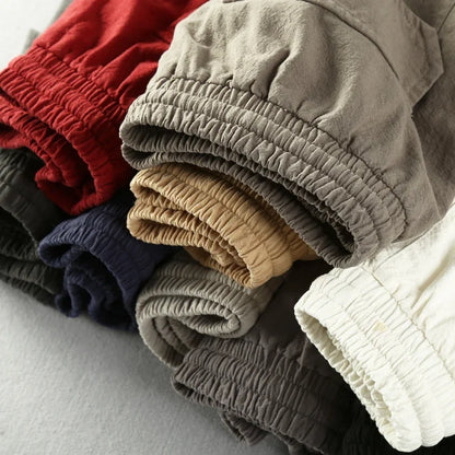Summer Men Casual Cotton Linen Shorts Knee Length Beach Elastic Waist Shorts Solid Color Comfortable Pants New