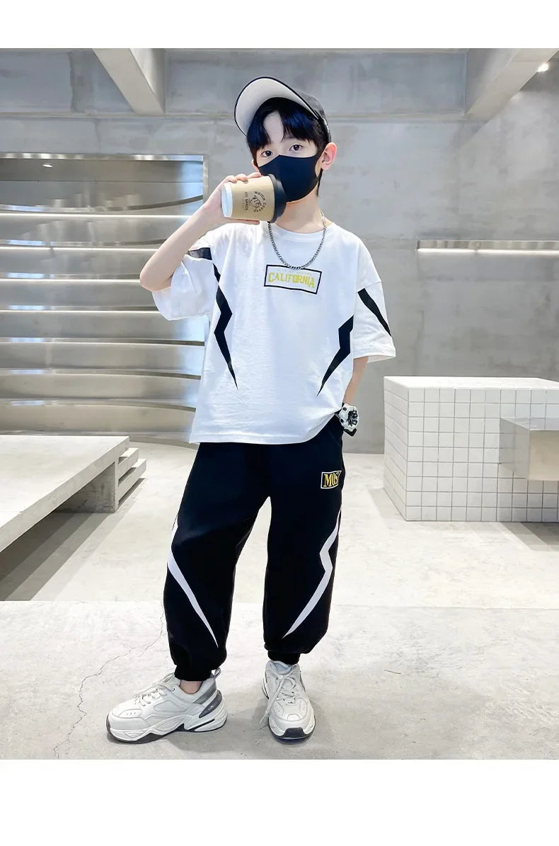 Summer Boys Cotton Alphabet Lightning T-Shirt Tops+Sweatpant School Kids 2PCS Tracksuit Child Jogger Outfit Workout Set 5-14 Yr