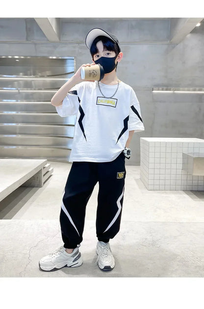 Summer Boys Cotton Alphabet Lightning T-Shirt Tops+Sweatpant School Kids 2PCS Tracksuit Child Jogger Outfit Workout Set 5-14 Yr