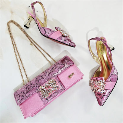 Design Italiano Borboleta Festa Casamento Sandália Bico Fino Slingback com Bolsa Conjunto Dourado