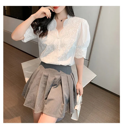 2026 Summer Embroidery Puff Sleeve Linen Cotton Women Blouse Spring Casual White Hollow Out Tops Short Sleeve Shirt