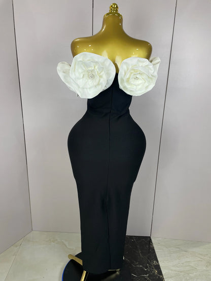 Red Flowers Sexy Off The Shoulder Ankle Lenght Bandage Dress Woman Birthday Party Vestido Wedding Party Outfit